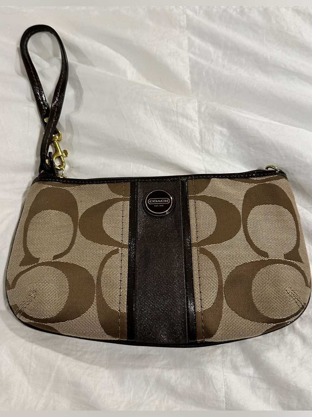 Coach Brown Signature Canvas Wristlet with Dark Brown Trim